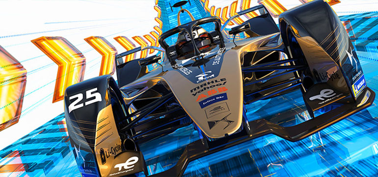 A DS PENSKE csapat Formula-E versenyautójának képe szemből