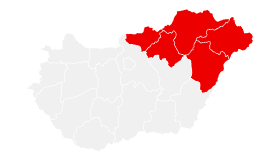 Magyarország térképe kijelölt megyékkel: Borsod-Abaúj-Zemplén, Hajdú-Bihar, Heves Nógrád, Szabolcs-Szatmár-Bereg. Készült a mapchart.net segítségével
