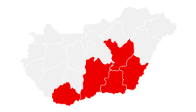 Magyarország térképe kijelölt megyékkel: Jász-Nagykun-Szolnok, Békés Csongrád-Csanád, Bács-Kiskun, Baranya. Készült a mapchart.net segítségével