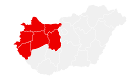 Magyarország térképe kijelölt megyékkel: Győr-Moson-Sopron, Vas, Zala, Veszprém Fejér nyugat, Komárom-Esztergom nyugat. Készült a mapchart.net segítségével