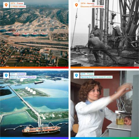 A TotalEnergies története, kollázs, 1970-es évek, Franciaország, Norvégia, Indonézia, kutatóközpont, finomító, olajtermelés, történelem